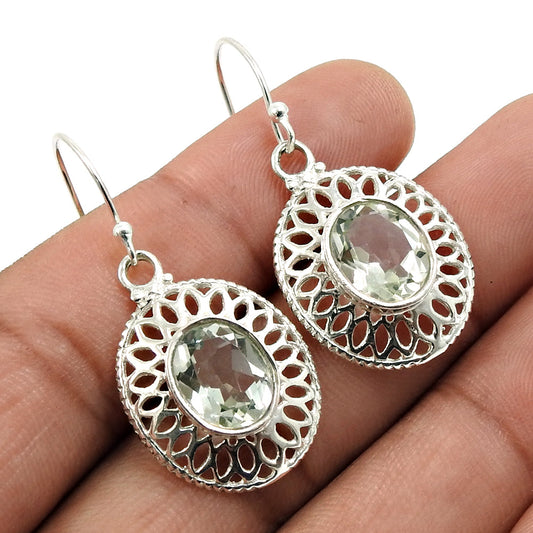 Natural Green Amethyst Drop Dangle Ethnic Earrings 925 Silver For Women X36