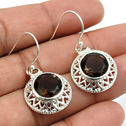 Woman Gift 925 Silver Natural Smoky Quartz Drop Dangle Ethnic Earrings A18