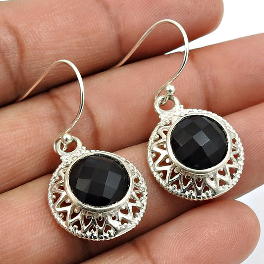 Gift For Her Natural Black Onyx Stone 925 Sterling Silver Artisan Earrings Jewelry K2