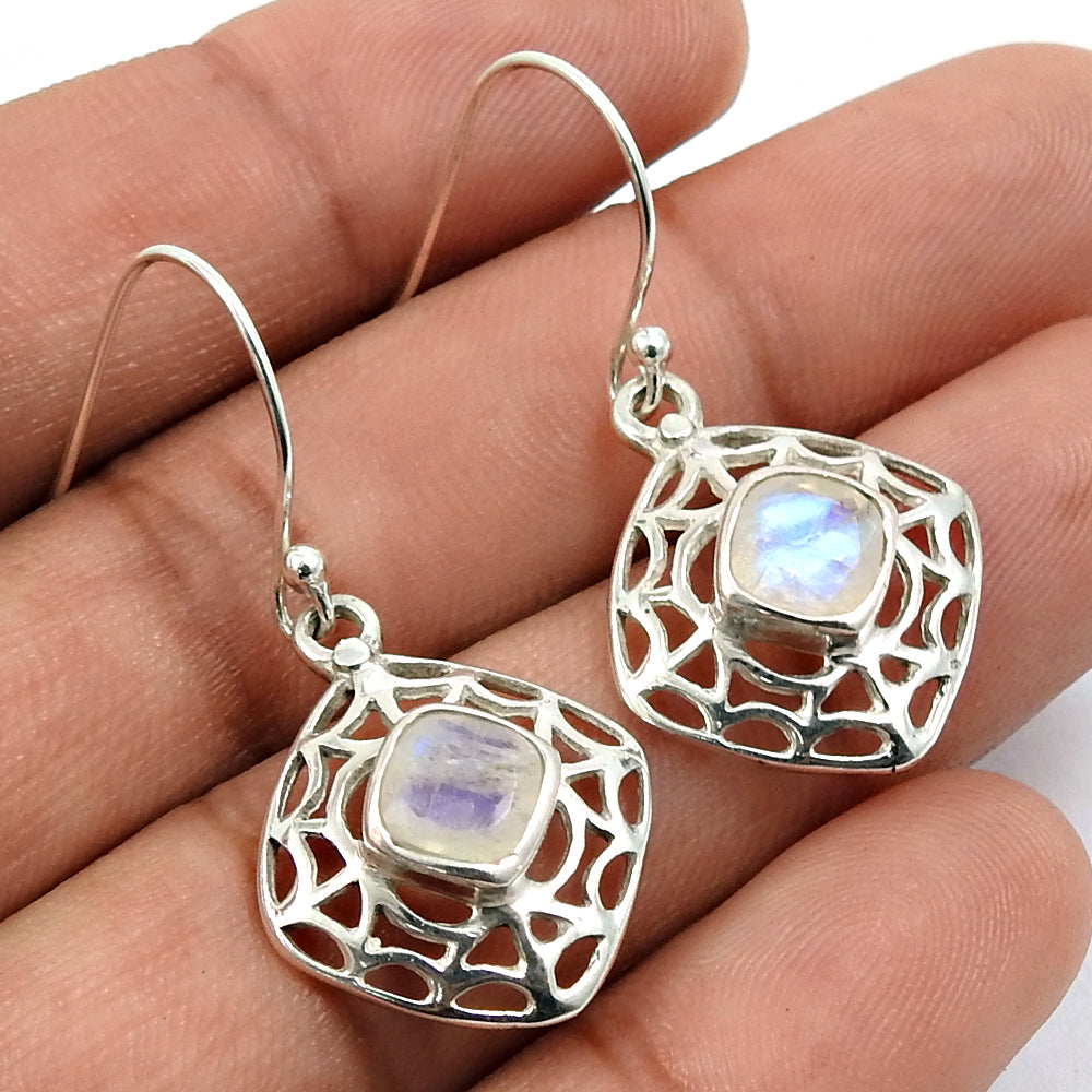 Natural Rainbow Moonstone Drop Dangle Tribal Earrings 925 Silver I37