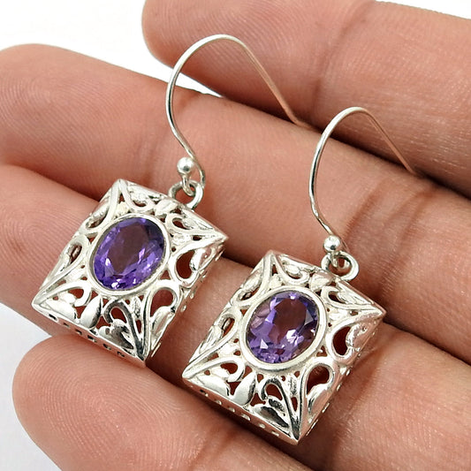 Natural Amethyst Gemstone 925 Silver Drop Dangle Ethnic Earrings For Women C18