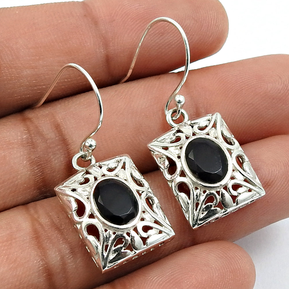 Woman Gift 925 Silver Natural Black Onyx Gemstone Dangle Bohemian Earrings F18