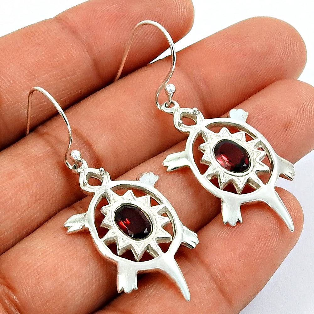 Natural Garnet Gemstone Drop Dangle Turtle Red Earrings 925 Sterling Silver X34