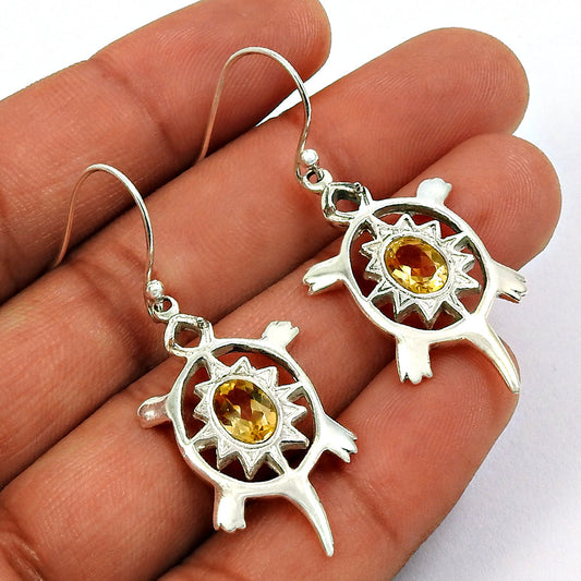 Natural Citrine Gemstone 925 Silver Drop Dangle Turtle Earrings For Women J18