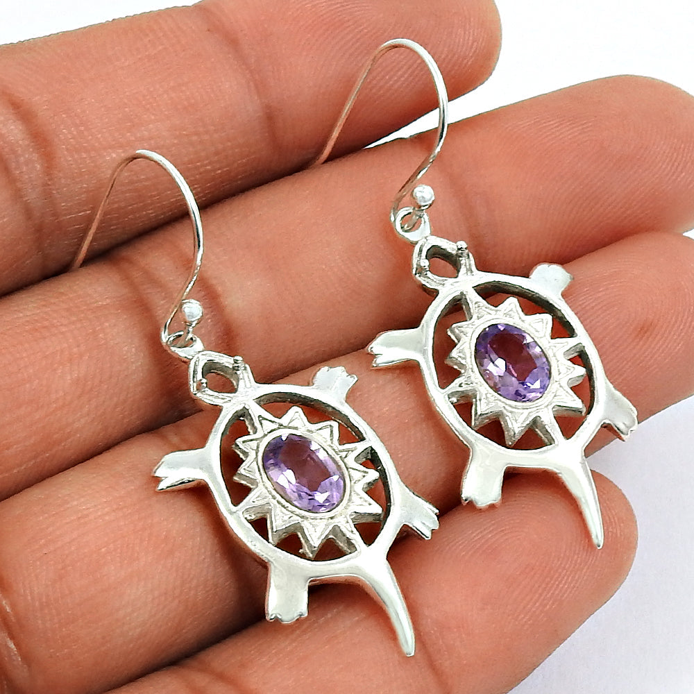 925 Sterling Silver Natural Amethyst Drop Bezel Turtle February Birth Earrings