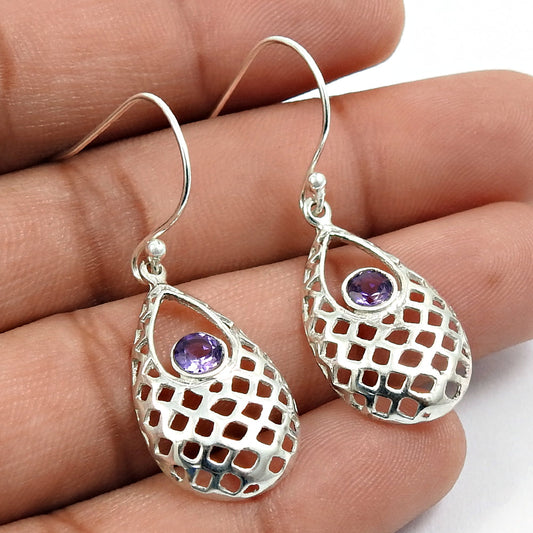 Natural Amethyst Gemstone Drop Dangle Tribal Earrings 925 Silver For Girls D31