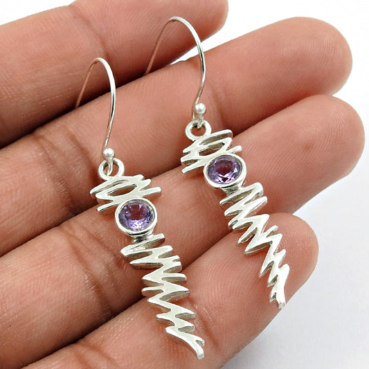 Natural Amethyst Gemstone Drop Dangle Bohemian Purple Earrings 925 Silver E31