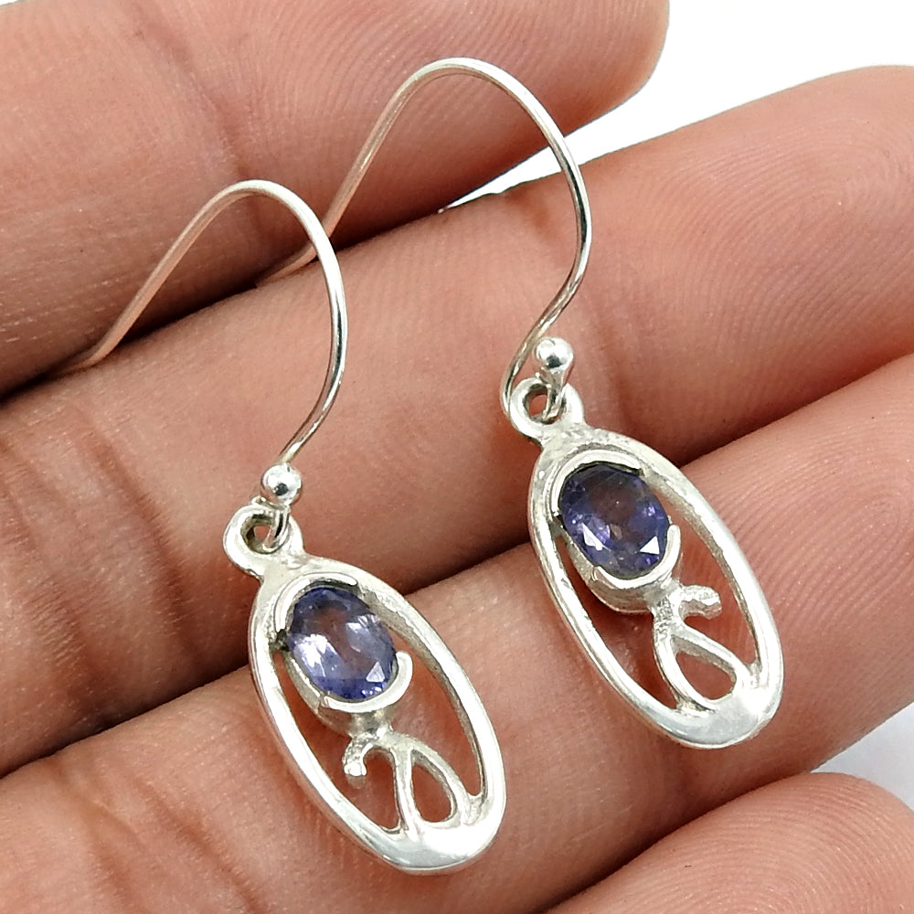 Woman Gift 925 Silver Natural Iolite Drop Dangle Bohemian Earrings B18