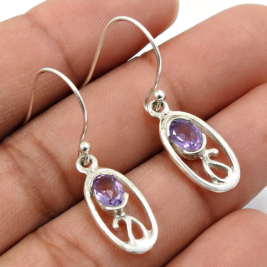 925 Sterling Silver Oval Natural Amethyst Boho Bezel Drop Dangle Trendy Earrings