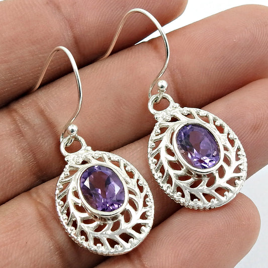 Gift For Her Natural Amethyst Drop Dangle Bohemian Earrings 925 Silver T38