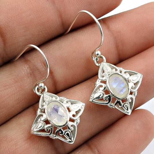 Natural Rainbow Moonstone Drop Dangle Vintage Earrings 925 Silver O18