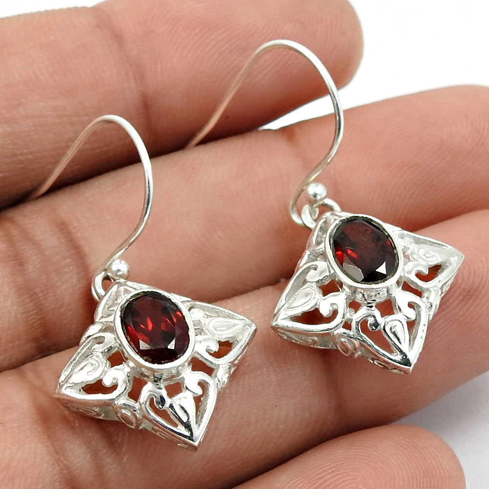 Woman Gift Natural Garnet Drop Dangle Ethnic Earrings 925 Silver P18