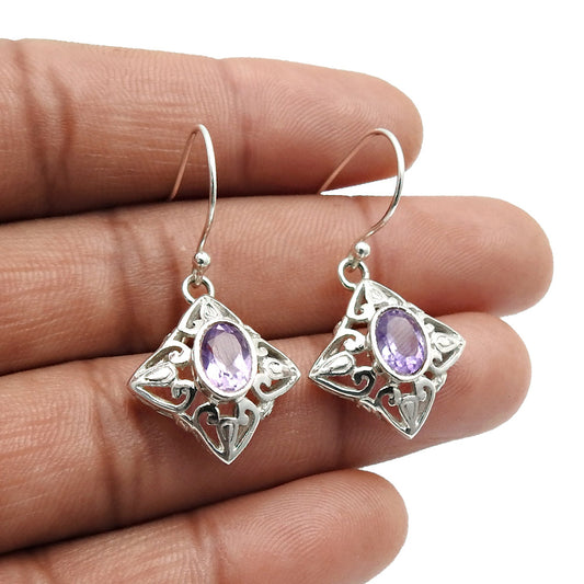 February Birth Oval Natural Amethyst Solid Silver Dangle Drop Hook Wife Earrings