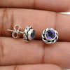 Natural Amethyst February Birth Stud Post Bezel Daughter Earrings Solid Silver