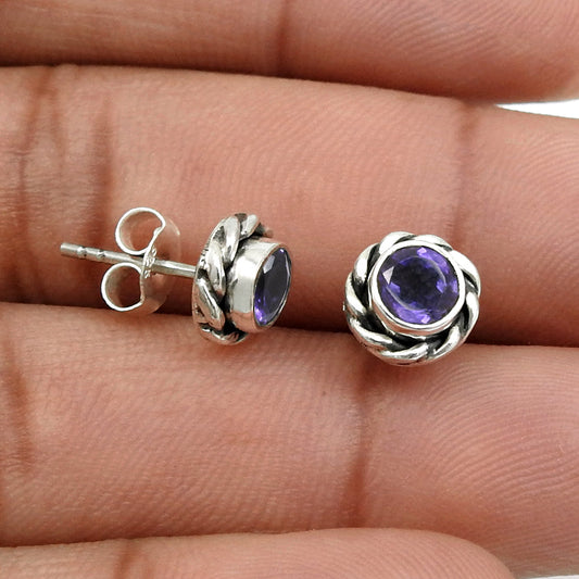 Natural Amethyst February Birth Stud Post Bezel Daughter Earrings Solid Silver