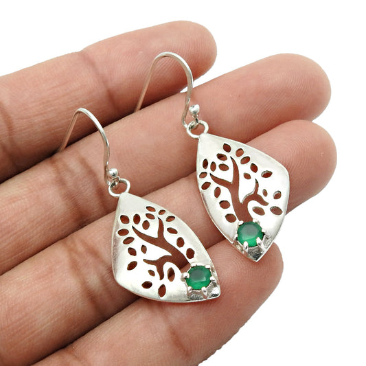 Natural Green Onyx Gemstone 925 Silver Drop Dangle Tree Of Life Earrings For Women C4