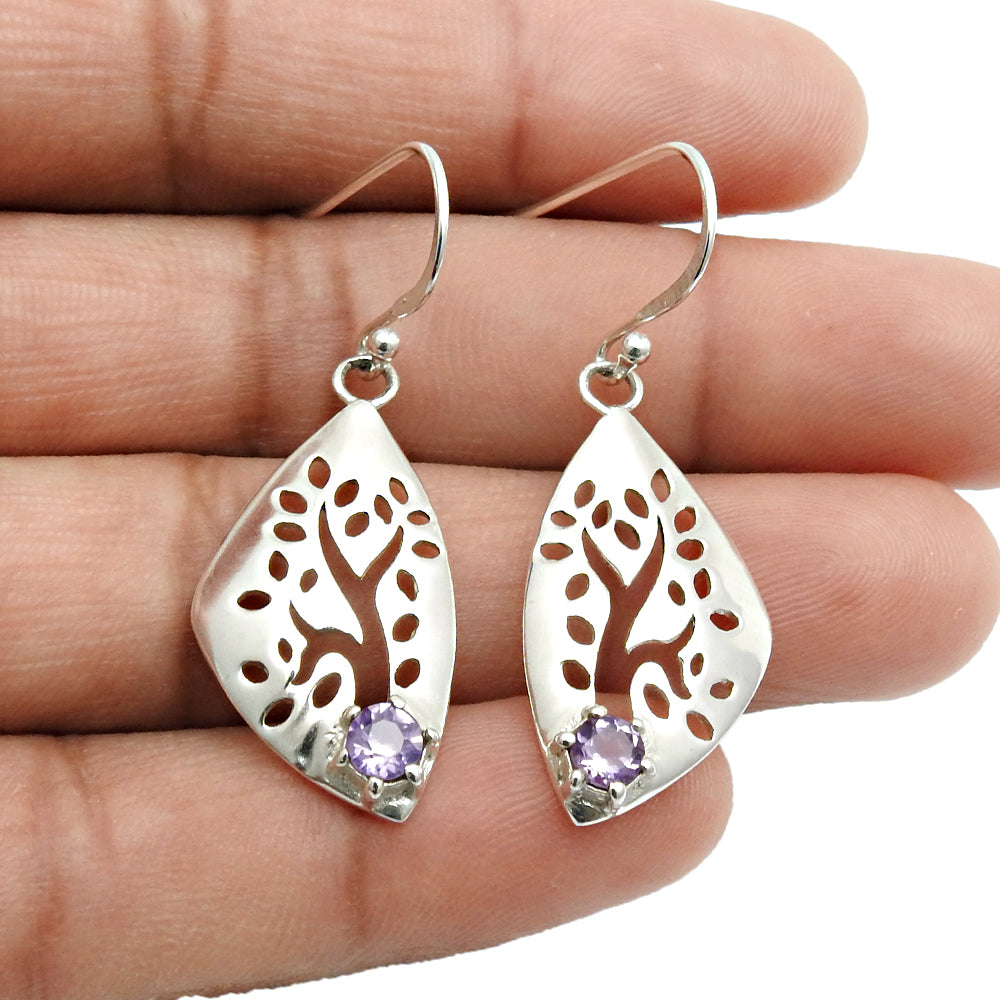 Gift For Her Natural Amethyst Drop Dangle Tree Of Life Earrings 925 Silver D4