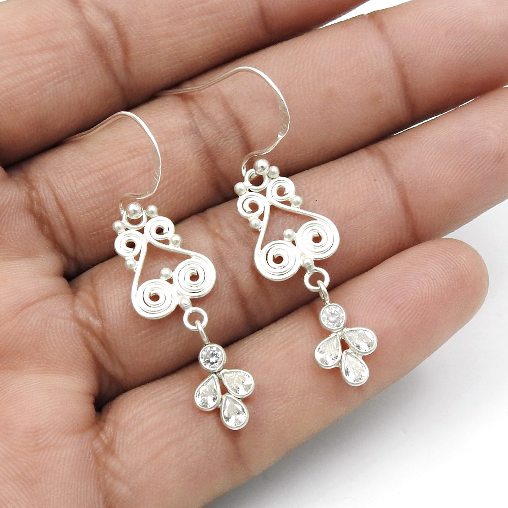 Sterling Silver Pear Natural White Cz Handmade Dangle Drop Daughter New Earrings