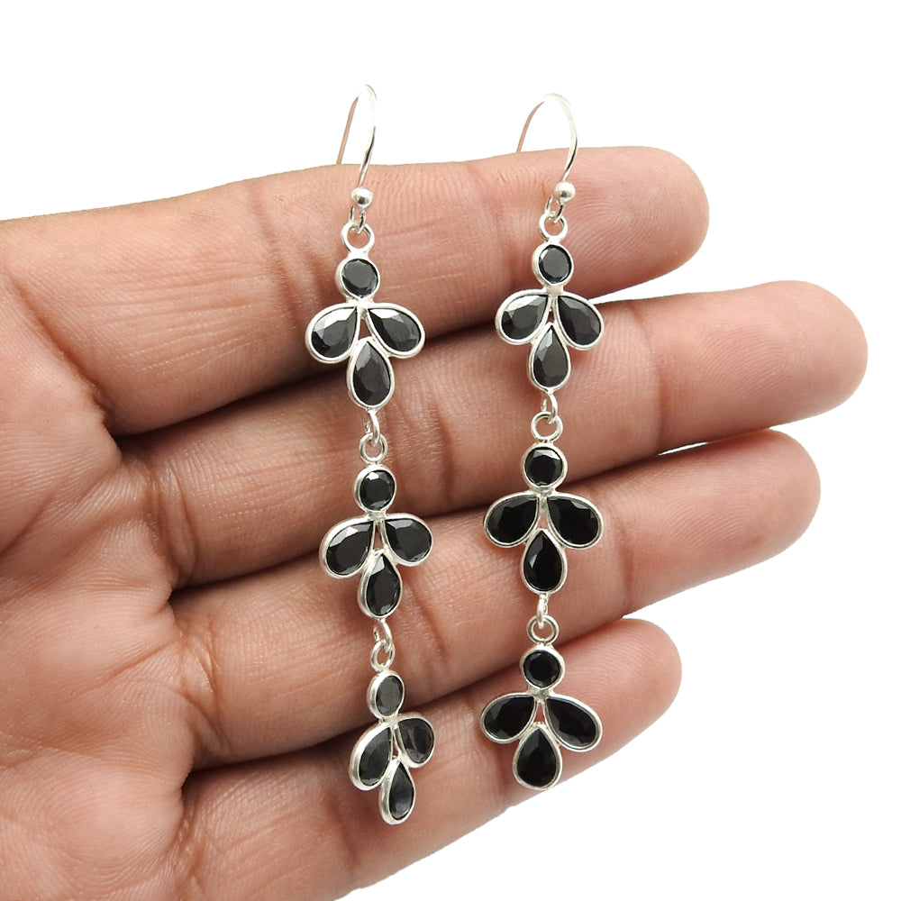 Natural Black Cz Sterling Silver Daughter Dangle Anniversary Bezel Hook Earrings