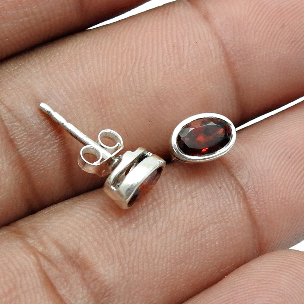 Solid 925 Silver Natural Garnet Gemstone Post Stud Earrings Jewelry Gift For Her