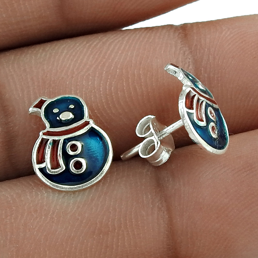 925 Sterling Silver Snowman Enamel Stud Earrings