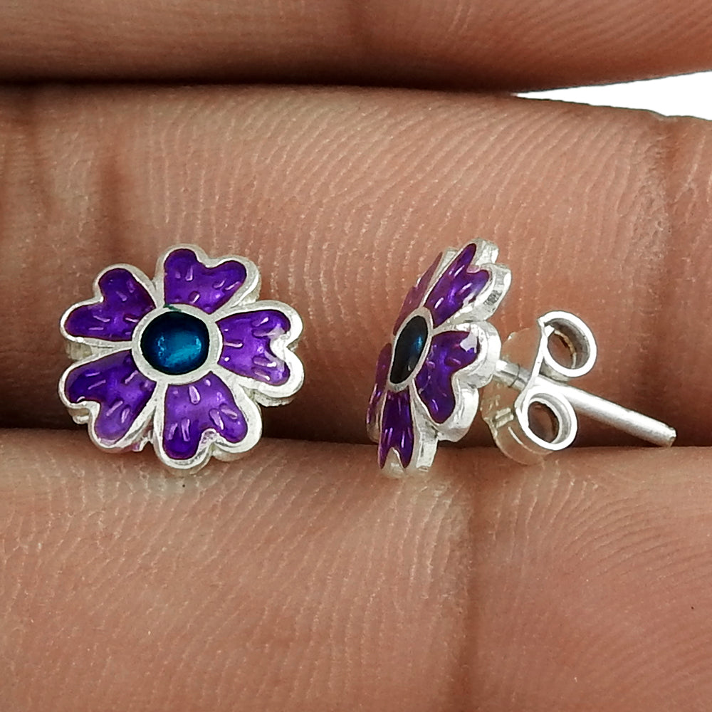 925 Sterling Silver Enamel Flower Stud Earrings For Women