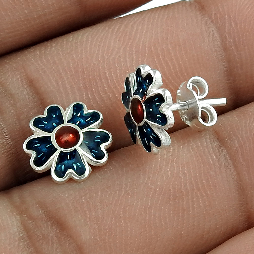 925 Sterling Silver Enamel Flower Stud Earrings Gift Jewelry