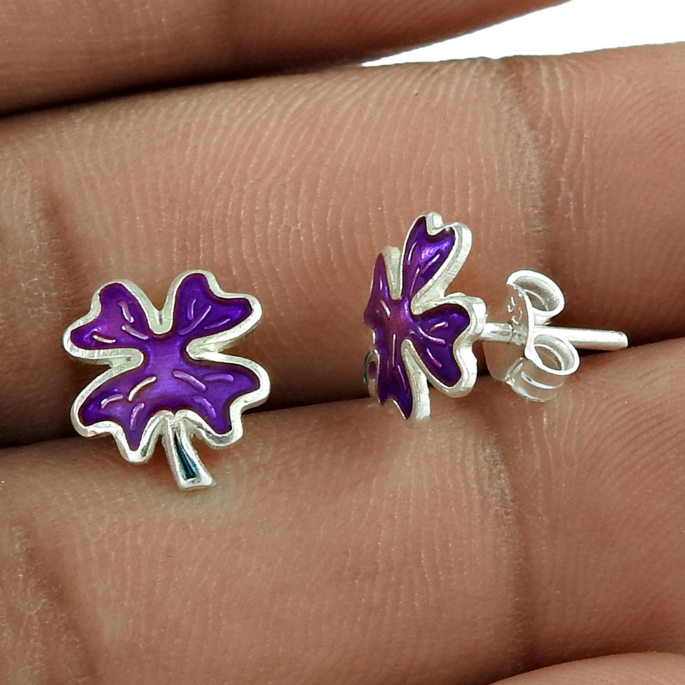 925 Sterling Silver Purple Enamel Flower Stud Earrings