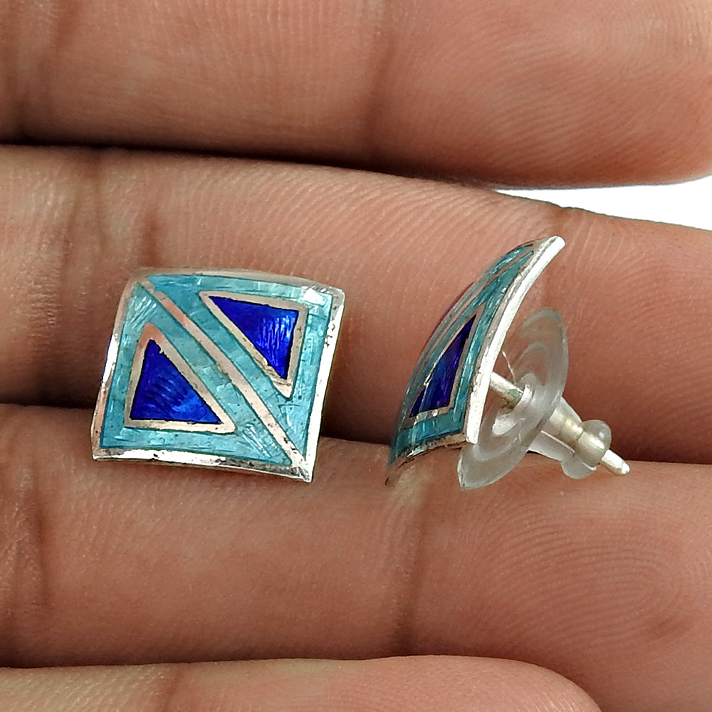 Indian Artisan Jewelry 925 Solid Sterling Silver Stud Enamel Earrings T1