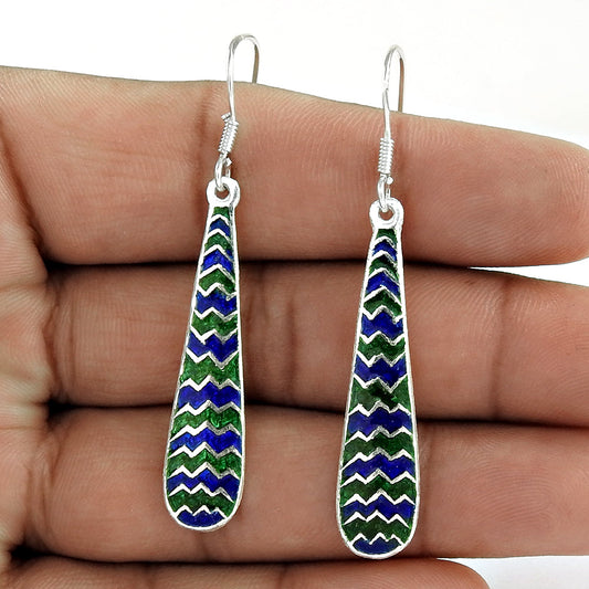 Dangle Enamel Earrings 925 Solid Sterling Silver Handmade Indian Jewelry V1