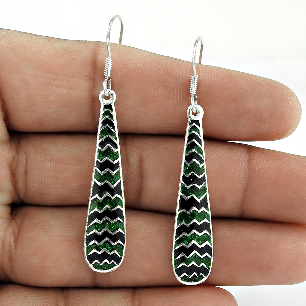 Indian Artisan Jewelry 925 Solid Sterling Silver Dangle Enamel Earrings M2