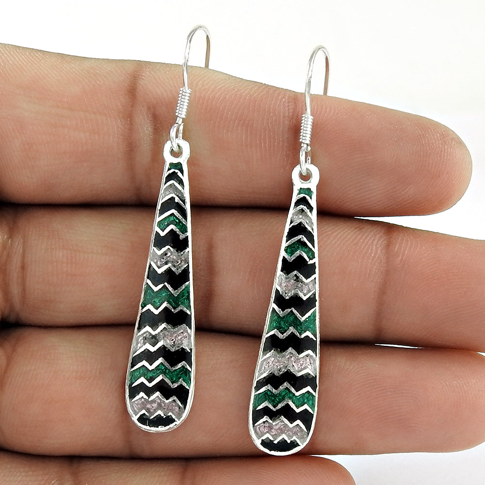 Dangle Enamel Earrings 925 Solid Sterling Silver Handmade Jewelry S76