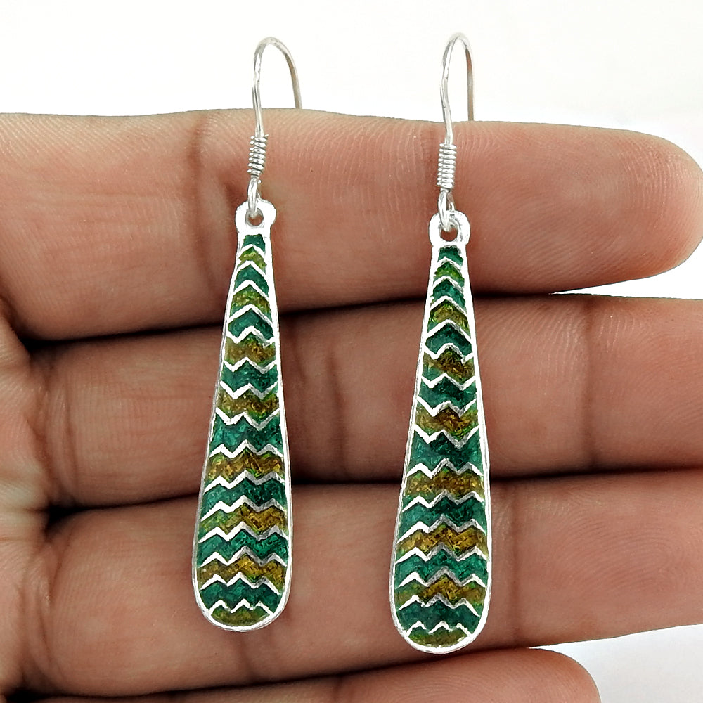 Indian Artisan Jewelry 925 Solid Sterling Silver Dangle Enamel Earrings S2