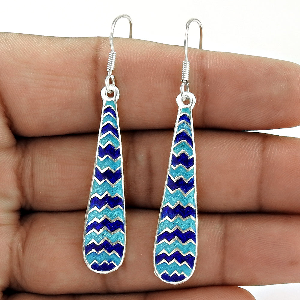 Handmade Indian Jewelry 925 Solid Sterling Silver Dangle Enamel Earrings K2