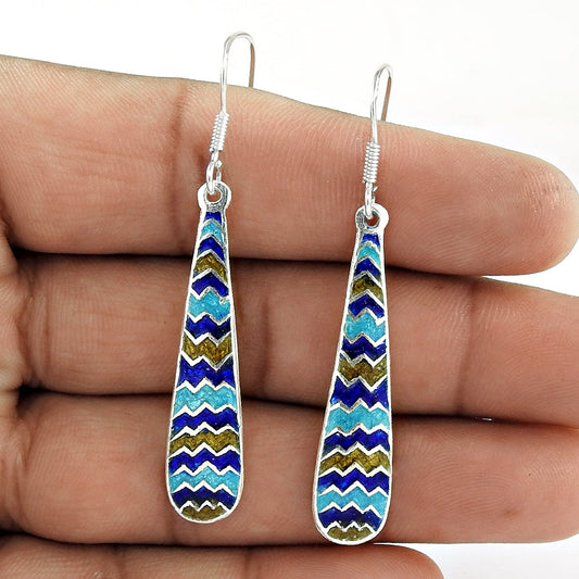 Indian Artisan Jewelry 925 Solid Sterling Silver Dangle Enamel Earrings W2