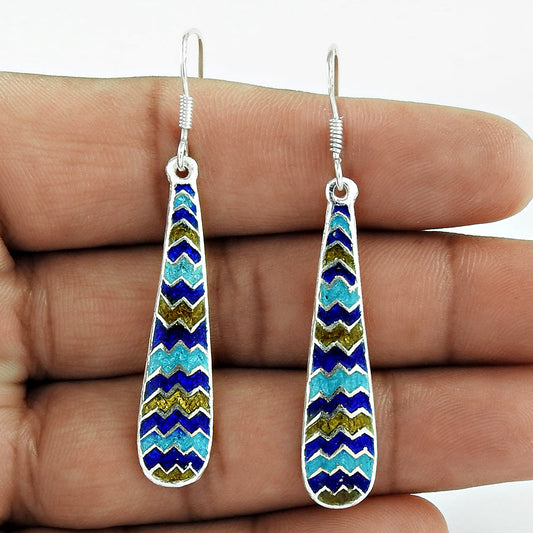 Indian Artisan Jewelry 925 Solid Sterling Silver Dangle Enamel Earrings X2