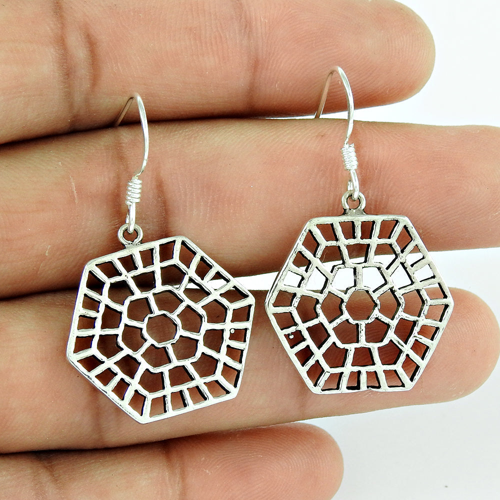 Solid 925 Sterling Silver Spider Web Dangle Earrings