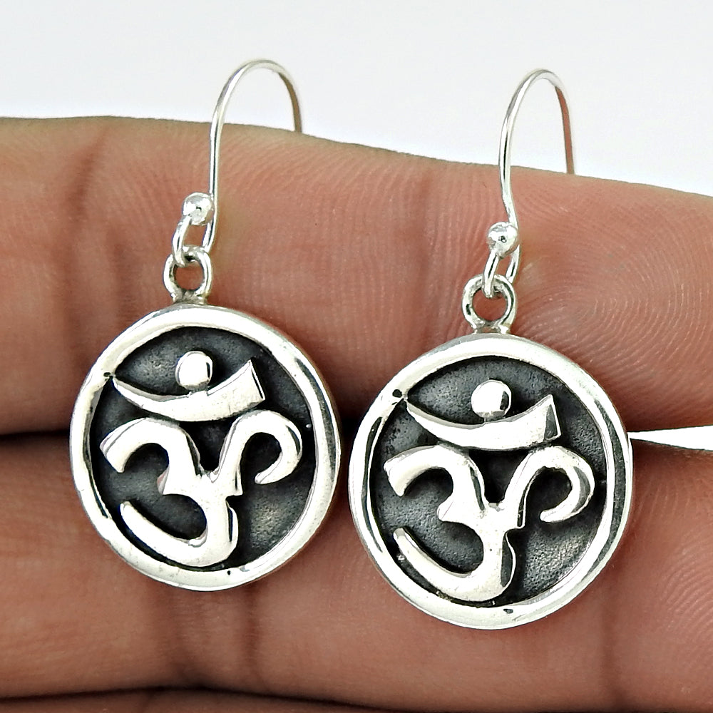 Solid 925 Sterling Silver Om Earrings Indian Religious Jewelry