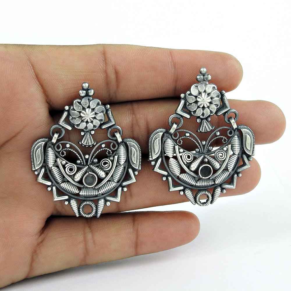 Solid 925 Sterling Silver Antique Look Indian Earrings