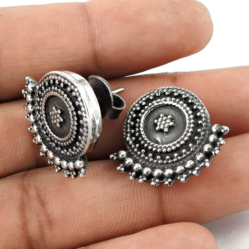 925 Sterling Oxidized Silver Handmade Stud Earrings For Women