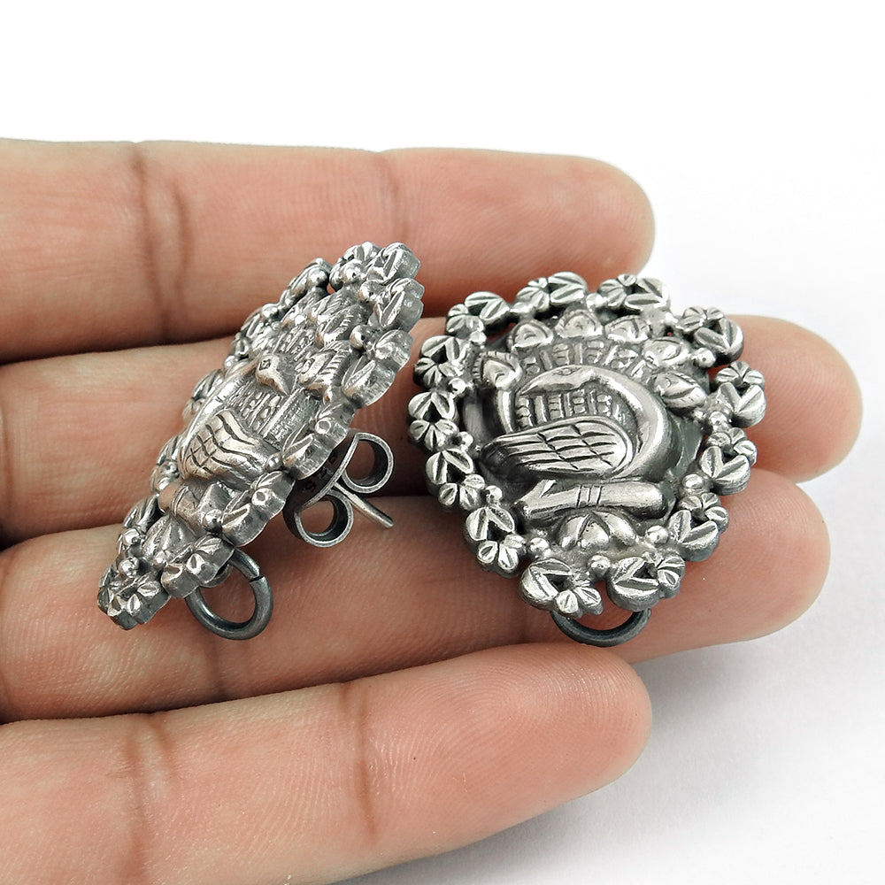 925 Sterling Oxidized Silver Engraved Peacock Stud Earrings