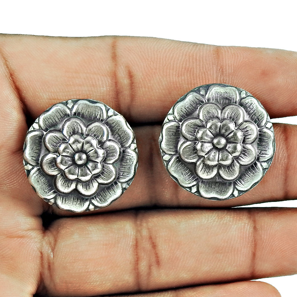 Oxidized 925 Sterling Silver Flower Stud Earrings