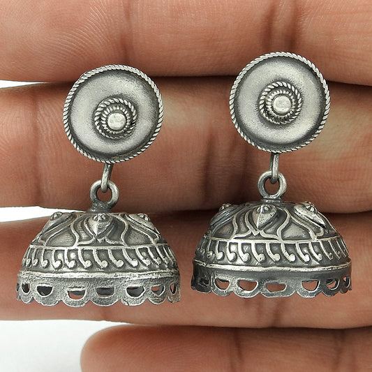 Handcrafted Jhumki Earrings 925 Sterling Silver Oxidized Jewelry