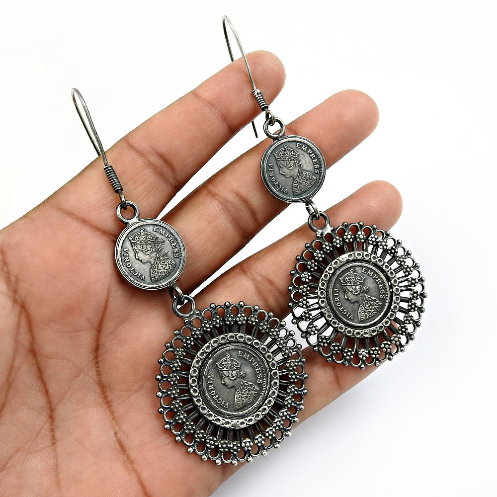 Victoria Empress Coin 925 Sterling Oxidized Silver Earrings