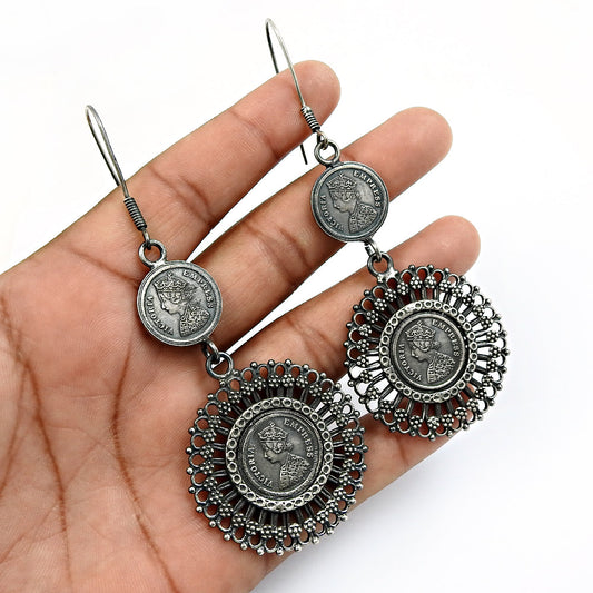 Victoria Empress Coin 925 Sterling Oxidized Silver Earrings