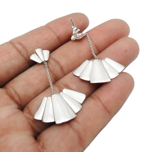 Japanese Fans 925 Sterling Silver Long Dangler Drop Earrings