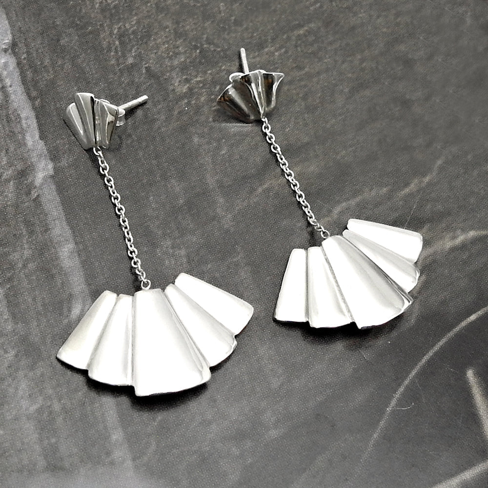 Japanese Fans 925 Sterling Silver Long Dangler Drop Earrings