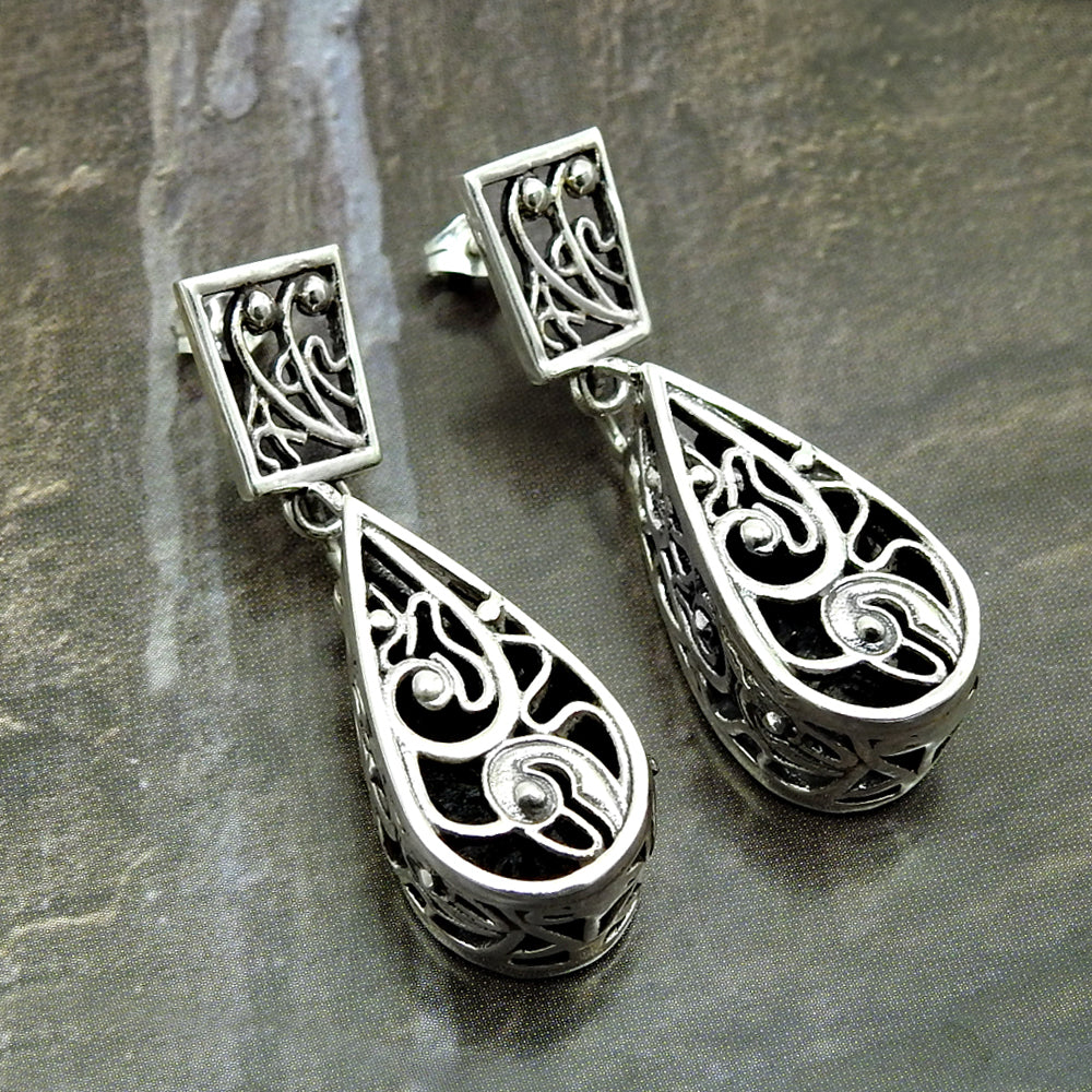 Solid 925 Sterling Silver Artisan Dangle Drop Earrings