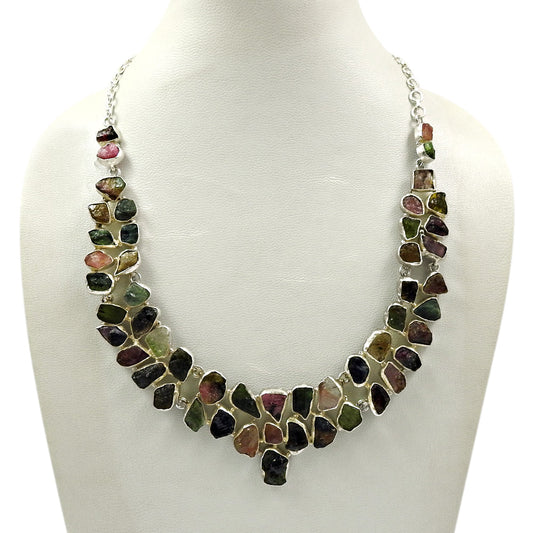 Natural Tourmaline Gemstone 925 Silver Cluster Rough Stone Necklace For Girls O1