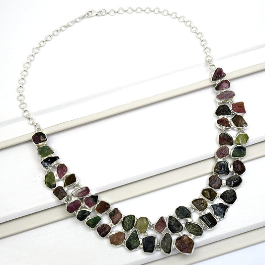 Natural Tourmaline 925 Silver Statement Rough Stone Necklace Jewelry